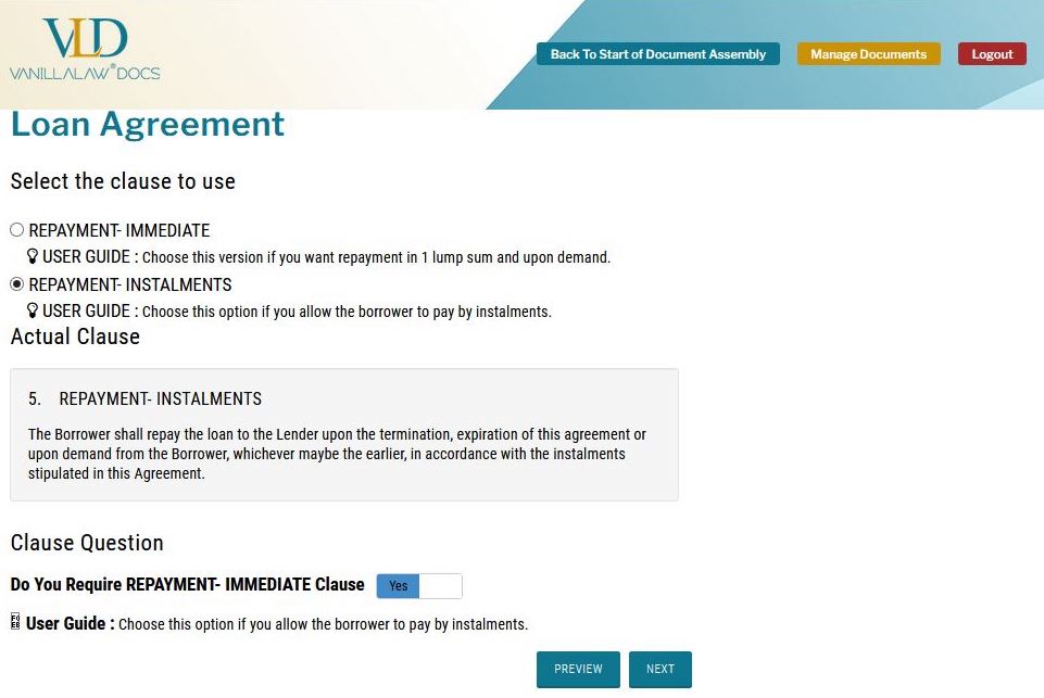 An example of document assembly on VanillaLaw® Docs.